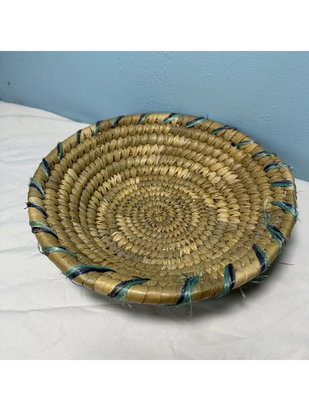 Vintage Round Coiled Grass Basket Hand Woven Decorative Bowl Boho Wall Decor